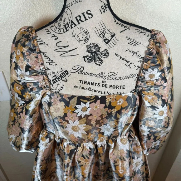 Storia Floral Babydoll Mini Dress in Brown Iridescent Size S Puff Sleeve - Picture 2 of 8